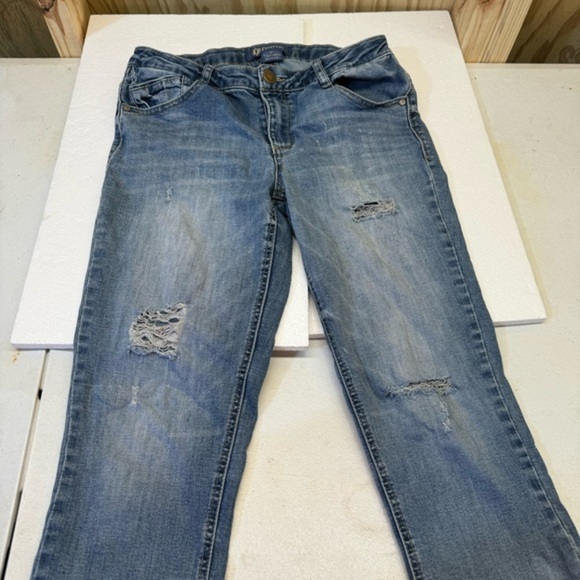 Democracy Flex-ellent Jeans EUC Womens sz 4 Distressed Patch Sequin Blue Denim - Picture 1 of 9